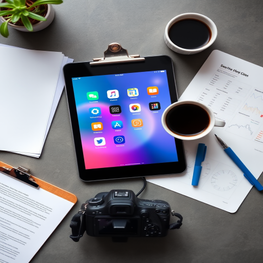 Create a flat lay composition of a tablet displaying colorful apps, a clipboard with a blank notepad, a cup of coffee, a pencil, a blue pen, and a document with graphs and charts, shot with a Canon EOS R5, 50mm lens, f/2.8 aperture, ISO 100, and soft natural lighting.
