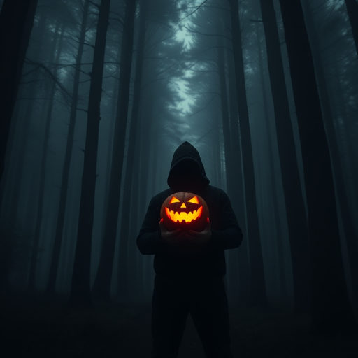 a hooded figure in a dark forest holding a glowing carved pumpkin, mist surrounding tall trees, warm orange light from the pumpkin, capturing the eerie atmosphere, camera settings: ISO 100, f/2.8, shutter speed 1/60s, camera view: medium shot, camera style: cinematic, camera type: DSLR