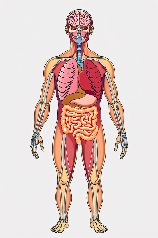Create a detailed anatomical illustration of the human body highlighting major organs including the brain, lungs, heart, stomach, and intestines, using a vector art style with clean lines and bright colors, captured from a front view at a high resolution with a DSLR camera, aperture set to f/8 for clarity, ISO 100 for minimal noise, and 50mm lens for sharp detail.