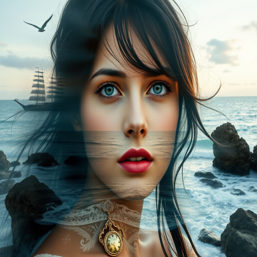 this picture is Book cover, A surreal double exposure portrait that blends a woman's face with a beautiful seascape. The overall mood is dreamy and mystical, with rich colors and intricate details