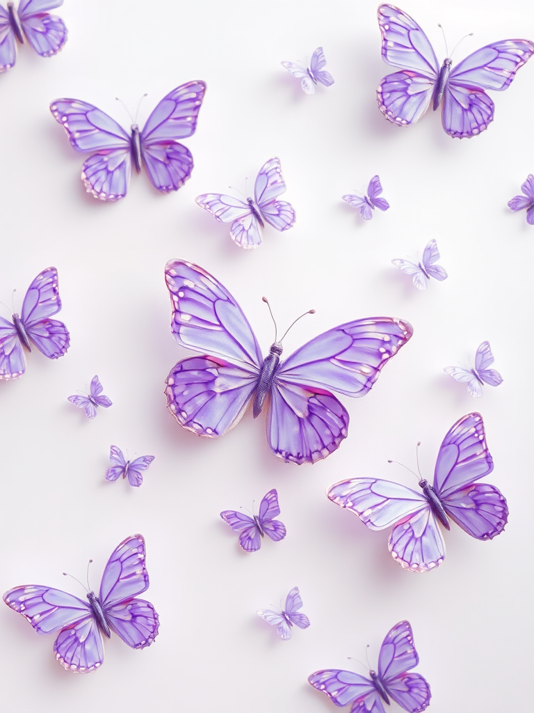 Create a soft pastel background with light purple butterflies scattered throughout. The butterflies should have delicate wings with hints of blue and white, giving a gentle and serene feel to the image.