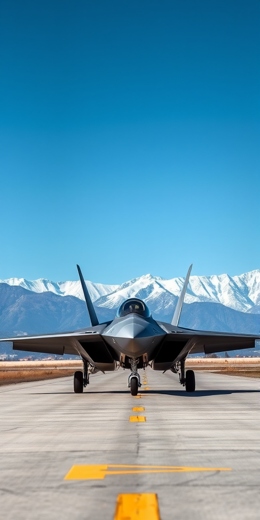 This photograph captures a sleek, gray (F-22 Raptor:2.0) fighter jet on a runway, with a backdrop of a snow-capped mountain range under a clear blue sky. The jet's sleek, angular design and metallic surface reflect the light, giving it a sharp, high-tech appearance. The aircraft's tail section bears the designation "TY" and the serial number "TY-123." The jet's landing gear is extended, with the main wheels and nose gear visible. The background features a range of snow-capped mountains, with the highest peaks shrouded in a light mist, adding a sense of depth and grandeur to the scene. The runway itself is a wide, flat expanse of concrete, with a yellow "F" marking at the end, indicating the direction of the runway. The overall atmosphere is one of precision and readiness, with the jet poised for takeoff or landing. The photograph's clarity and detail highlight the aircraft's advanced design and the rugged, natural environment surrounding it. The image is taken during the day, with natural light illuminating the scene.