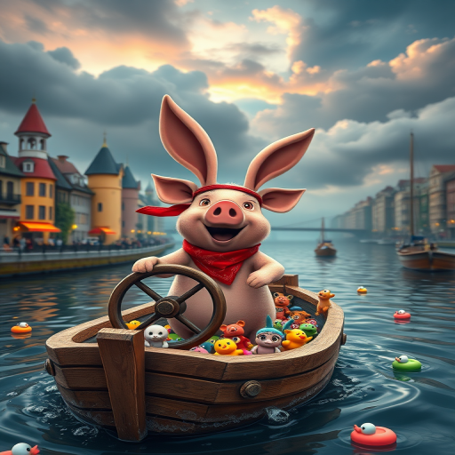 Create a whimsical scene featuring a cartoon pig with rabbit ears, wearing a red bandana, joyfully steering a wooden boat filled with colorful floating toys and tiny creatures, in a fantastical city by a river under a dramatic sky, captured using a DSLR camera with a 50mm lens, aperture set at f/2.8, ISO 100, and a balanced composition for vibrant color and detail.