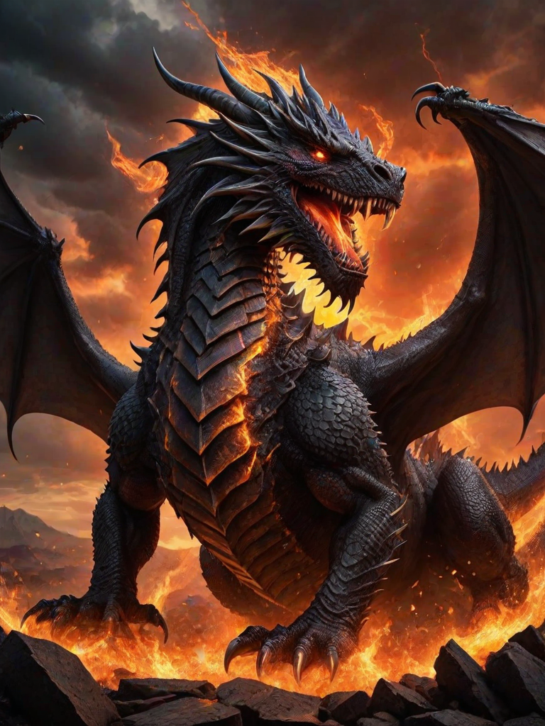 create a dramatic and powerful image of a giant dragon with scales resembling blackened metal, breathing fire amidst a fiery and stormy background, with swirling clouds and glowing embers in the air, capturing a sense of chaos and intensity