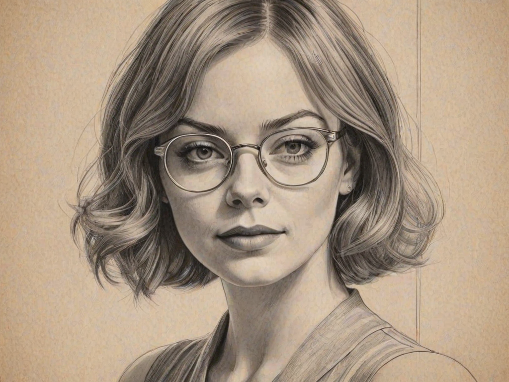 Alluring Emma Stone, pencil sketch, portrait of Graceful woman 1932s in glasses, hair style beatnik, outline, clear lines, fine lines, 8k