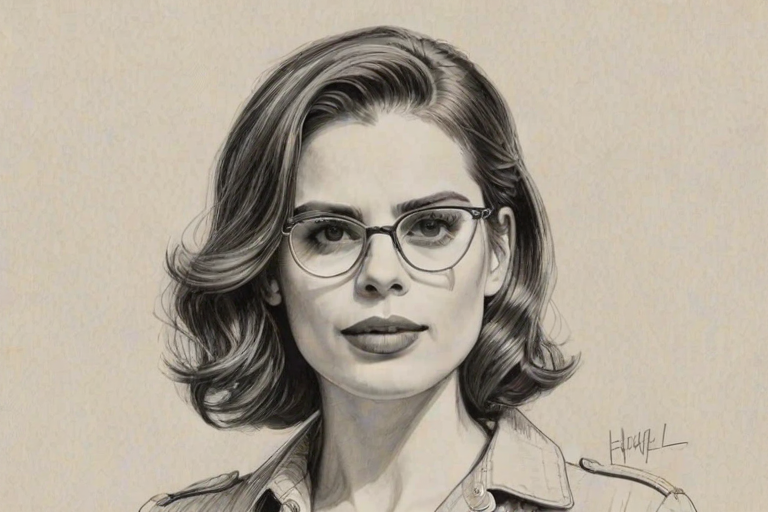 Exquisite Hayley Atwell, pencil sketch, portrait of Sublime woman 1927s in glasses, hair style beatnik, outline, clear lines, fine lines, 8k
