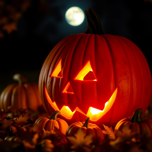 Pumpkin with a carved face illuminated at night, surrounded by autumn leaves and smaller pumpkins, with a full moon in the background, using a Canon EOS R5, 50mm lens, f/1.8 aperture, ISO 200, 1/60 sec exposure, shallow depth of field for a dreamy bokeh effect.