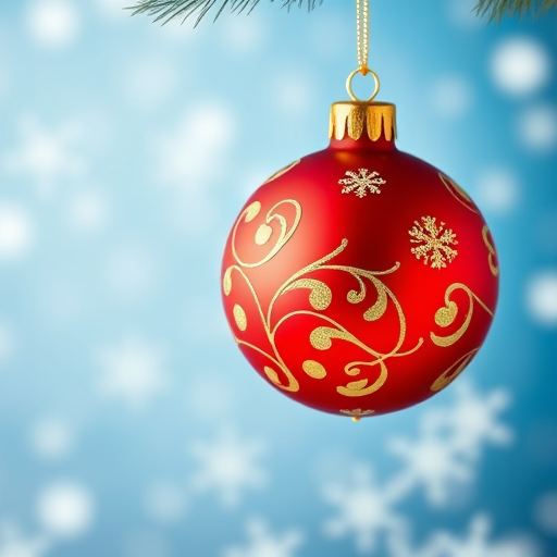 Create a vibrant, high-resolution image of a red Christmas ornament with gold swirls, suspended against a soft blue background with white snowflakes, using a DSLR camera with a 50mm lens, aperture set to f/2.8, ISO 100, and a shallow depth of field for a blurred background effect.