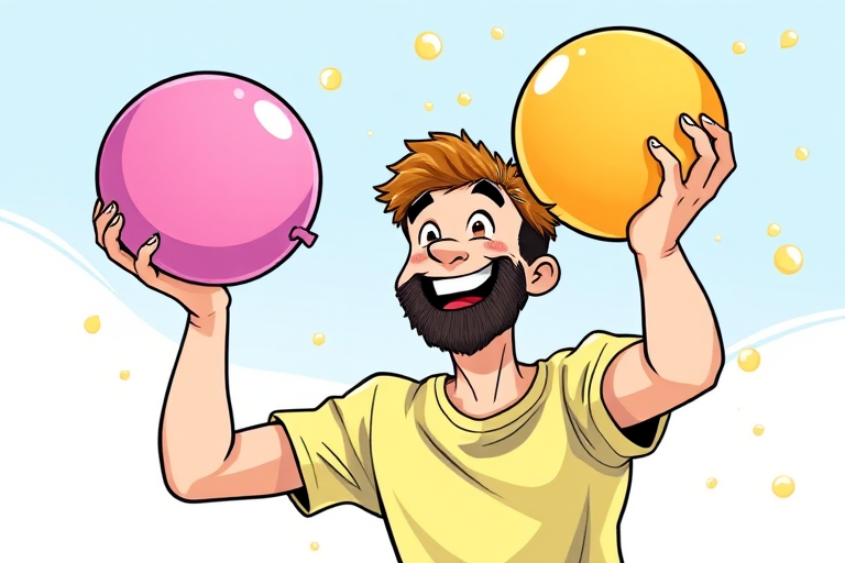 Create a colorful cartoon illustration of a man throwing a water balloon with a big smile, vibrant colors, dynamic motion lines, set against a bright background, using a DSLR camera with a 50mm lens at f/2.8, ISO 100, and a shutter speed of 1/1000s to enhance clarity and detail.
