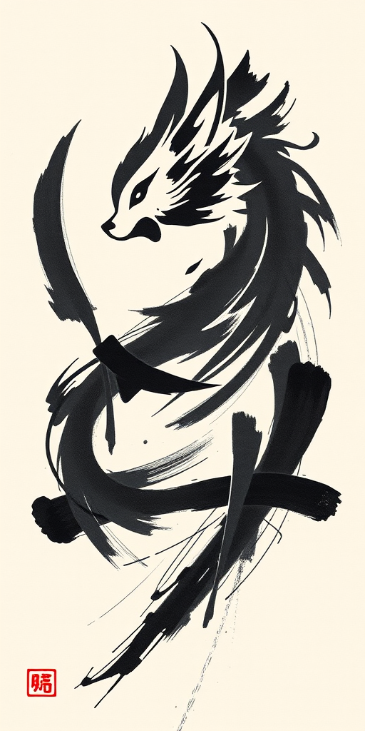 Brushstroke style tattoo, "Zen Calligraphy," featuring bold, expressive black ink strokes reminiscent of traditional East Asian calligraphy, creating an abstract representation of animals, nature, or symbols with a sense of movement and flow