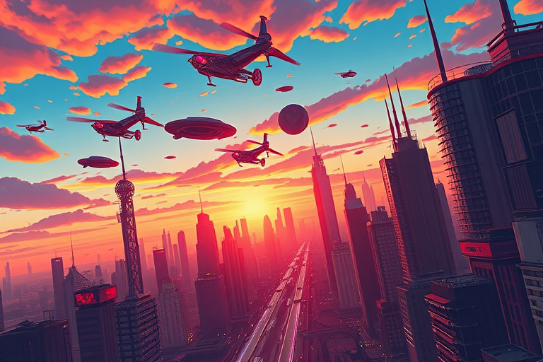 Create a vibrant and detailed illustration of a futuristic cityscape at sunset with flying vehicles, using a DSLR camera with a 24mm lens, f/8 aperture, ISO 100, and vibrant color enhancement, capturing a wide-angle view for a dynamic perspective.