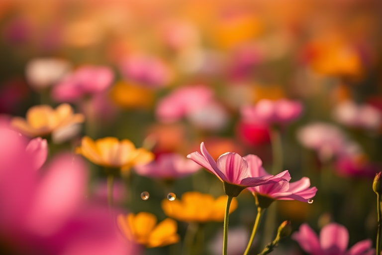 Create a vibrant close-up of a flower field in soft focus with bokeh effect, using a DSLR camera, aperture f/2.8, shutter speed 1/250s, ISO 200, with natural morning light to capture dew drops sparkling on petals.