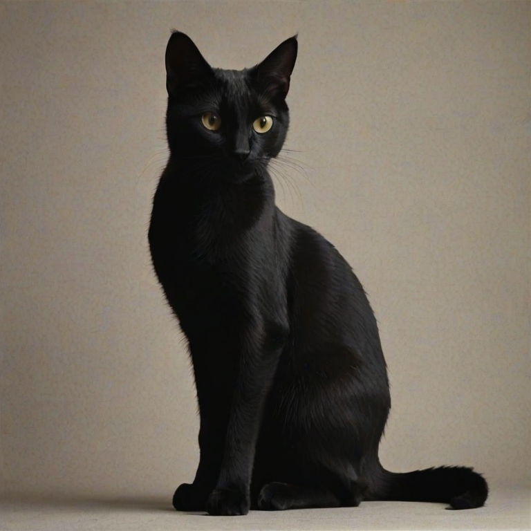 Create a simple black silhouette of a cat sitting, facing to the right, with a curvy tail and pointed ears.