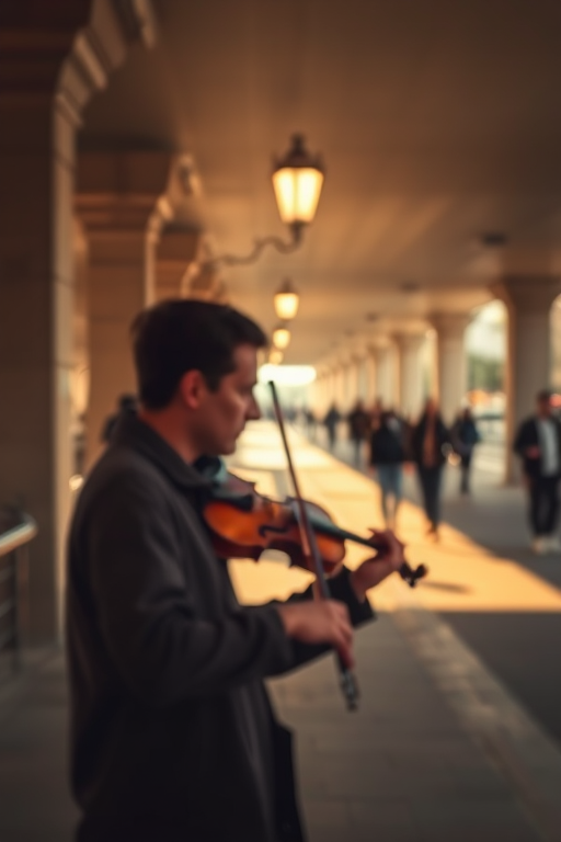 Blurry candid shot of a street musician playing a violin under a bridge, soft golden light from a nearby streetlamp casting long shadows, with distant pedestrians walking by and faint echoes of music in the air.