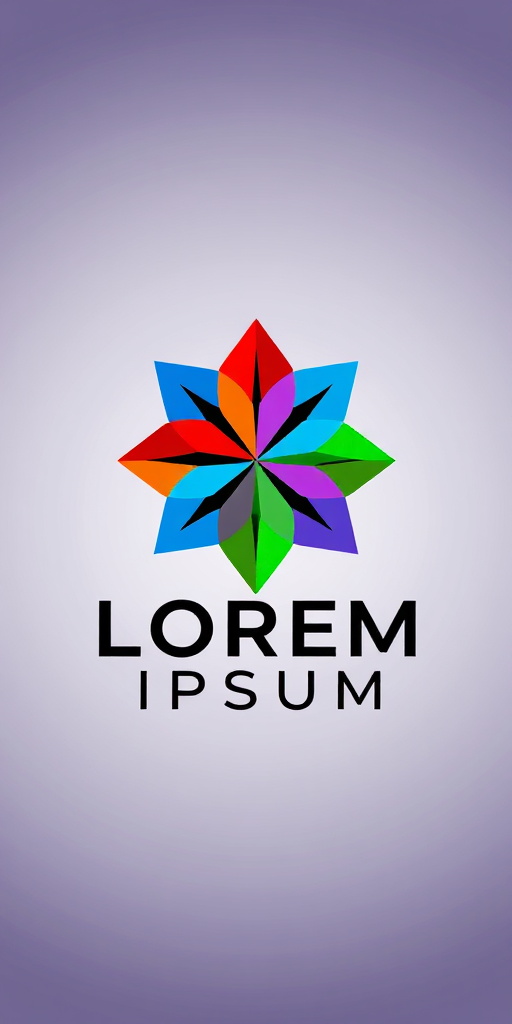 Regenerate a vibrant logo design featuring a star shape with colorful sections in red, blue, green, and purple, accompanied by the text "LOREM IPSUM" in a modern, sleek font; use a high-resolution camera with a 50mm lens, aperture set to f/2.8, ISO 100, and a soft-focus background to enhance clarity and color contrast.