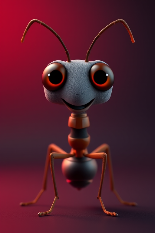 create a 3D render of a cartoon-style ant with large expressive eyes, standing confidently, high detail, vibrant colors, studio lighting, camera type: DSLR, aperture: f/2.8, shutter speed: 1/100s, ISO: 200, focal length: 50mm, view angle: front view, background: gradient from red to dark blue to enhance contrast