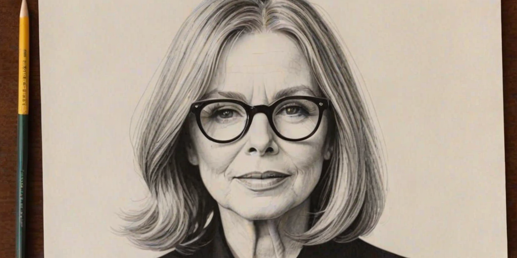 Exquisite Diane Keaton, pencil sketch, portrait of Exquisite woman 1958s in glasses, hair style beatnik, outline, clear lines, fine lines, 8k