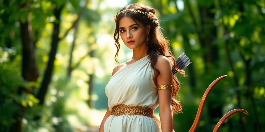 Create a portrait of a goddess-like Inca girl figure in a tranquil, forested environment. She has an elegant appearance with long, wavy hair styled in an updo and adorned with a delicate, floral headband. She wears a flowing, ancient Greek-inspired gown in a soft, pale color, featuring a one-shoulder design and draped fabric that accentuates her graceful form. The outfit includes a decorative belt with ornate gold detailing, and she holds a bow in her hand, with a quiver of arrows slung over her shoulder. The background depicts lush greenery, with sunlight filtering through the trees, casting a gentle, ethereal light on the scene. Her expression is calm and contemplative, embodying a sense of wisdom and serenity.