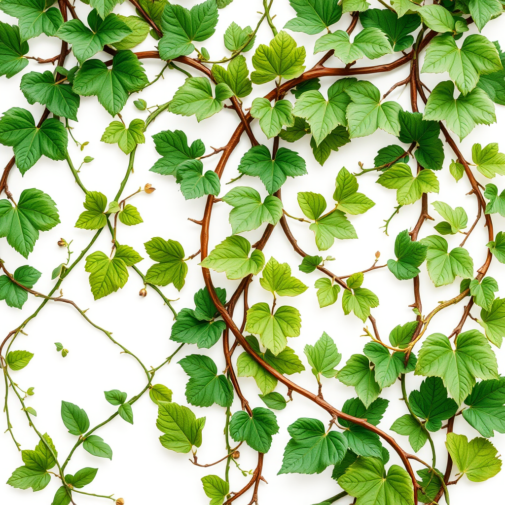 Generate a detailed botanical illustration of intertwining green vines and leaves on a transparent background, using a Canon EOS R5 camera with an f/4 aperture, 50mm lens, and soft natural lighting to enhance texture and vibrancy.
