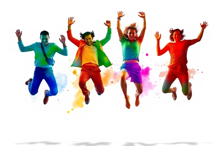Create an image of four figures jumping in unison, using vibrant watercolor effects with a white background, captured with a Canon EOS R5, 50mm lens, f/1.8 aperture, ISO 200, and a soft focus style to enhance color blending and vibrancy.