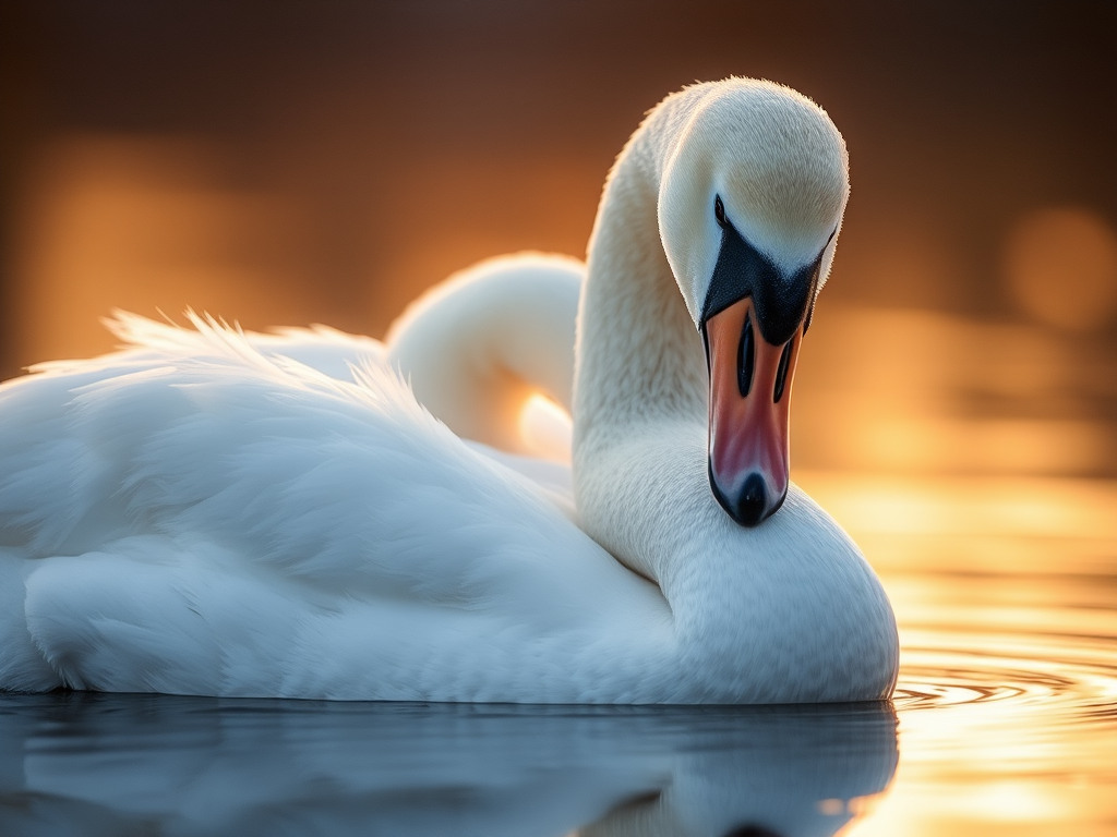 Capture a close-up shot of a sleeping swan on still water during golden hour using a DSLR camera with a 50mm lens at f/1.8, ISO 100, shutter speed 1/200s, with shallow depth of field to blur the background and emphasize the swan's soft feathers.