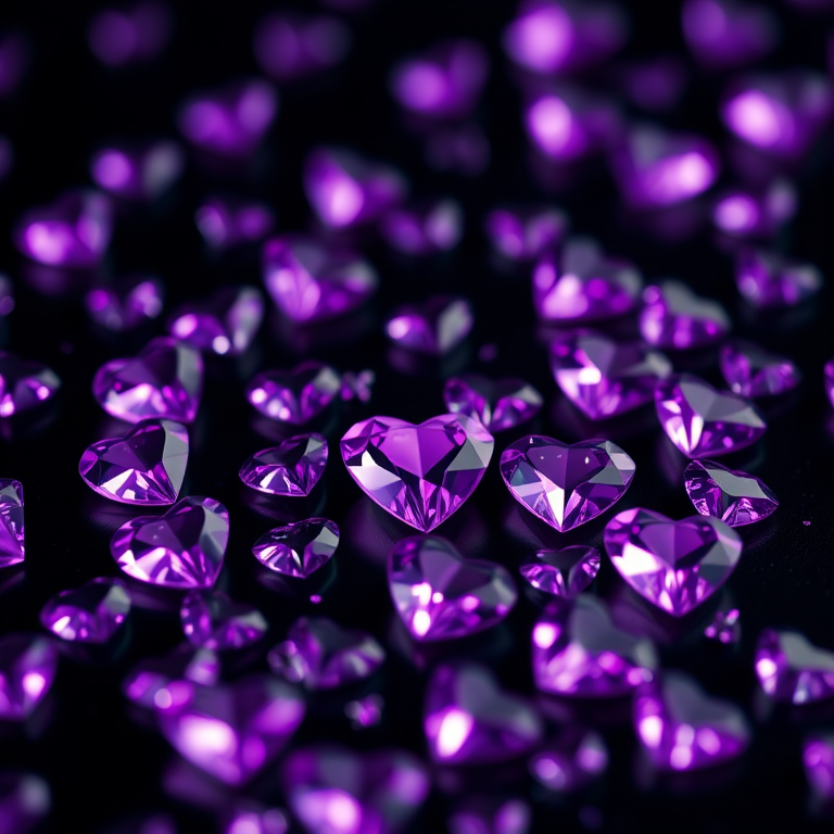 high-resolution image of purple heart-shaped diamonds scattered across a dark background, macro lens, f/1.8 aperture, 50mm lens, ISO 100, soft focus lighting, studio setup