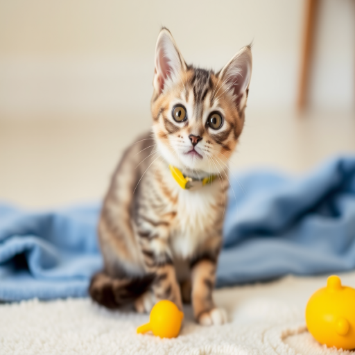 Cute cat with gray and white fur wearing a yellow collar sitting on a soft mat with a blue towel and a yellow toy nearby, looking directly at the camera with a playful expression.