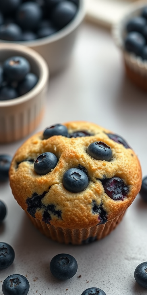 Create a hyper-realistic image of a blueberry muffin with a focus on texture and details, shot with a Canon EOS R5 at f/2.8, ISO 100, 1/60 sec, in soft natural light, top-down view, with a shallow depth of field.