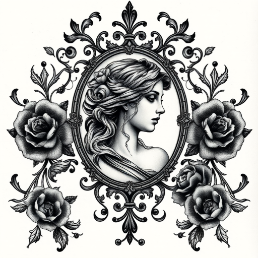 Gothic Victorian tattoo featuring an intricate cameo portrait surrounded by ornate filigree and dark floral elements, rendered in a monochromatic palette with subtle gray shading