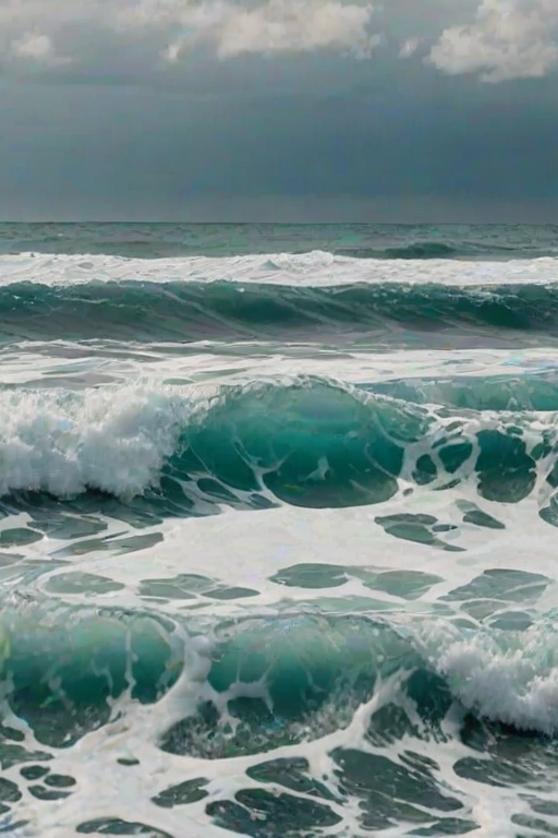 generate an image of ocean waves with a mix of turquoise and white frothy foam under a cloudy sky