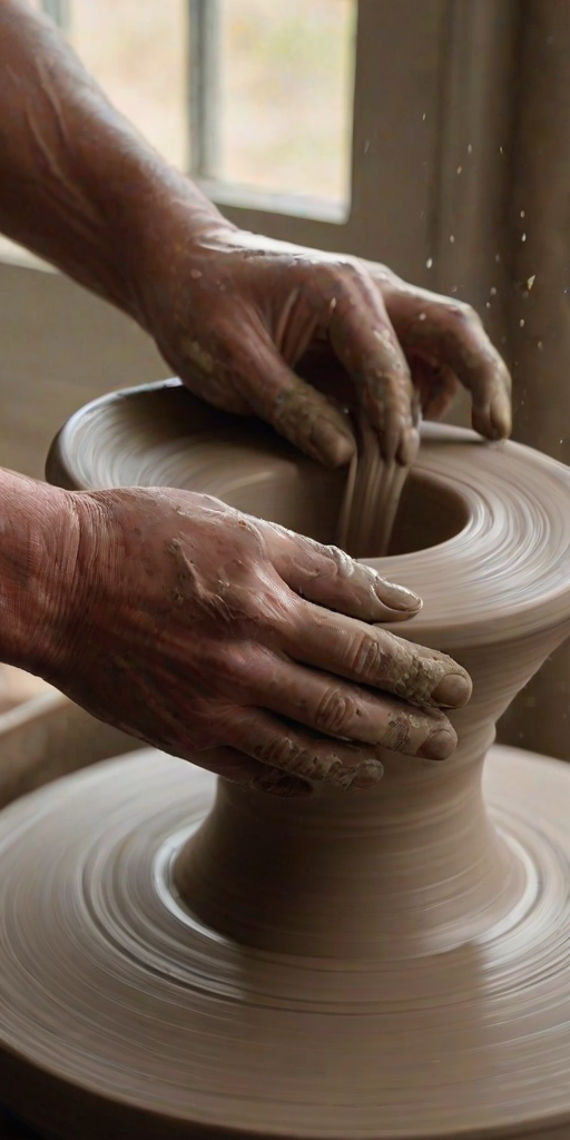 Close-up of a pair of hands shaping clay on a pottery wheel, soft natural light from a nearby window illuminating the wet clay, with splatters of mud on the surrounding surface.