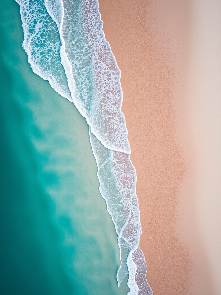 Capture an aerial view of a pristine beach with turquoise waters and gentle waves lapping against the shore, using a DSLR camera with a 24mm lens, ISO 100, aperture f/8, and a shutter speed of 1/250 sec to enhance clarity and detail.