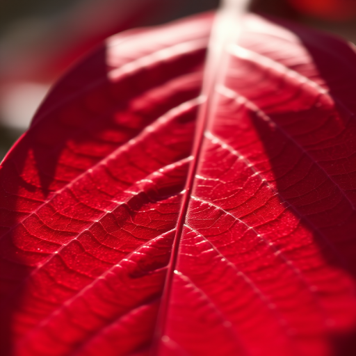 macro shot of a vibrant red leaf with intricate vein patterns illuminated by soft natural light, f/2.8 aperture, 50mm lens, ISO 100, shallow depth of field, taken with a DSLR camera, focus on texture details