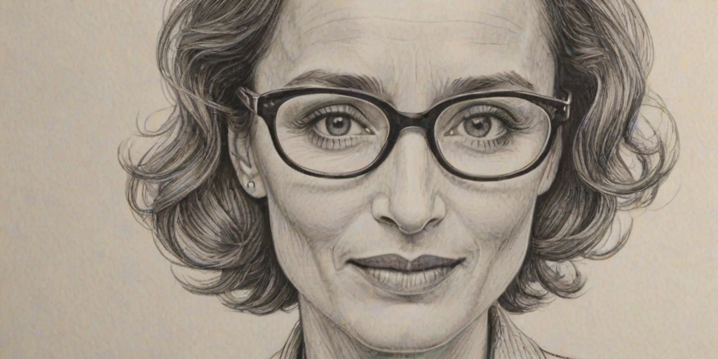 Radiant Kristin Scott Thomas, pencil sketch, portrait of Enticing woman 1934s in glasses, hair style beatnik, outline, clear lines, fine lines, 8k