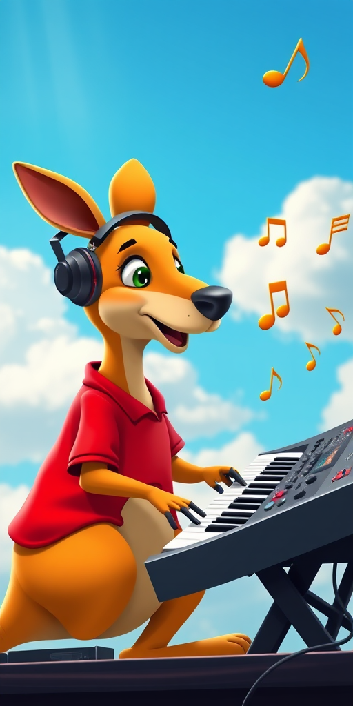a cartoon kangaroo wearing headphones and a red shirt, playing a synthesizer on a stage with musical notes floating around, bright blue sky with fluffy clouds in the background, shot with a Canon EOS R5, 24mm lens, f/2.8 aperture, ISO 100, soft lighting for vibrant colors