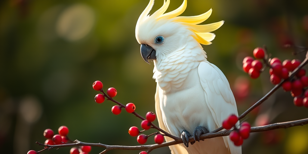A vibrant white cockatoo with a yellow crest perched on a branch with red berries, captured with a Canon EOS R5, 85mm f/1.2 lens, aperture f/2.8, ISO 200, soft natural light, shallow depth of field, and a blurred bokeh background for enhanced depth and detail.