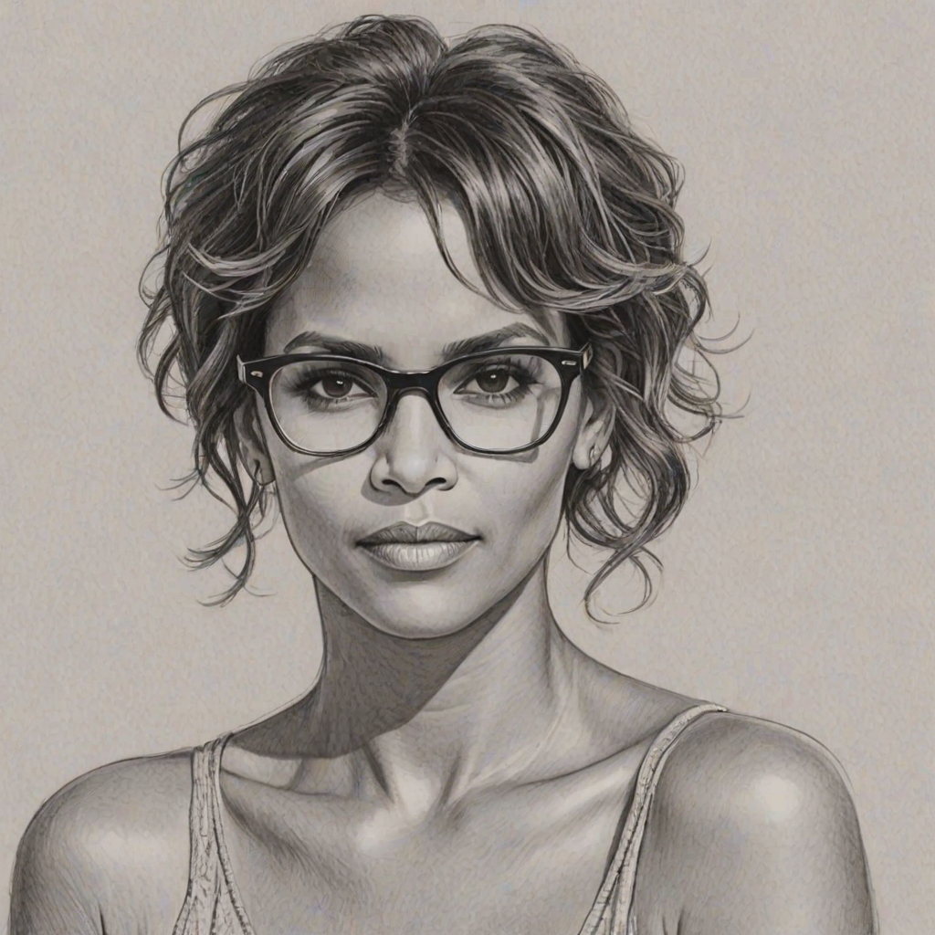 Dazzling Halle Berry, pencil sketch, portrait of Delightful woman 1958s in glasses, hair style beatnik, outline, clear lines, fine lines, 8k