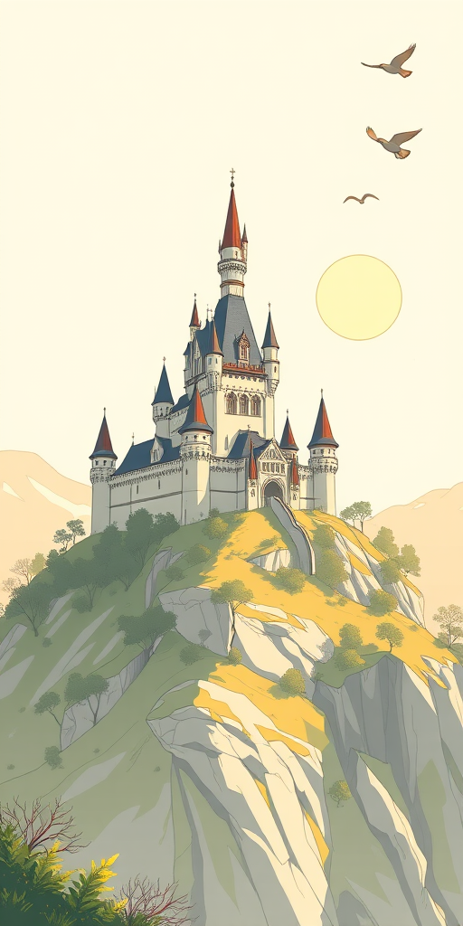 Create a detailed illustration of a castle on a hill with a clear sky, including a sun and flying birds, using a DSLR camera at f/8 aperture, ISO 100, 35mm lens, shot from a slightly elevated angle with a natural light setting for enhanced image quality.