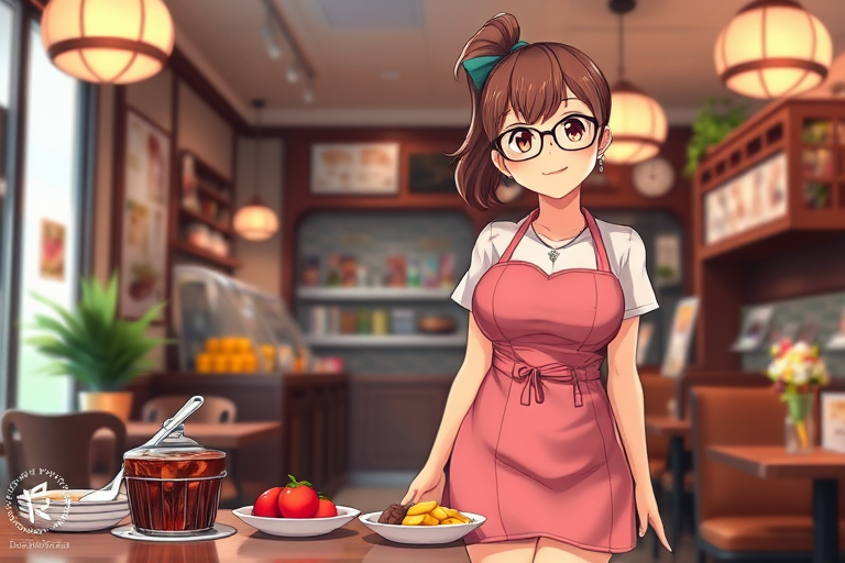 masterpiece, best quality, absurdres, unity 8k wallpaper, official art, official style, source_anime, uncensored, game cg, megami magazine, AMSC, 1girl, glasses, waitress, solo, jewelry, pink apron, ponytail, pink skirt, fruit, shirt, skirt, standing, short sleeves, necklace, large breasts, happy, smile, looking at viewer,  food, table, indoors, cafe, photo background, restaurant