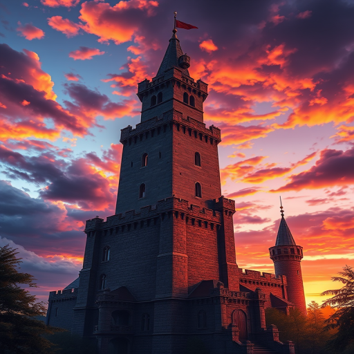 High-resolution digital artwork of a medieval castle tower at sunset with vibrant colors and a dramatic sky, capturing a fantasy illustration style, shot using a Canon EOS R5 with a 24mm f/1.4L lens, aperture set to f/8, ISO 200, and 1/125 sec shutter speed for sharp detail and dynamic range, in a portrait orientation.