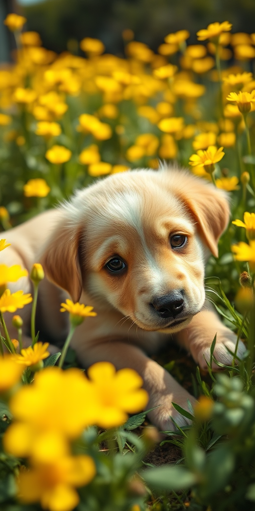 A playful puppy resting in a lush garden of bright yellow flowers, soft natural lighting, shallow depth of field, f-stop 2.8, ISO 200, 50mm lens, taken with a DSLR camera from eye level for a warm, inviting composition.