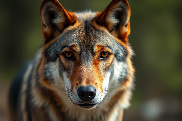 A close-up shot of a wolf looking directly at the camera, with a shallow depth of field to blur the background, using a Canon EOS R5 camera with a 85mm f/1.4 lens, aperture set to f/2.8, ISO 200, shutter speed 1/100s, natural lighting, high-resolution.