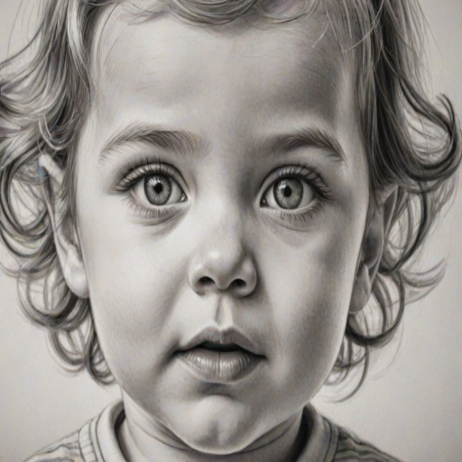 A hyperdetailed photorealistic black and white sketch of a beautiful toddler with deep green eyes, with a macro focus