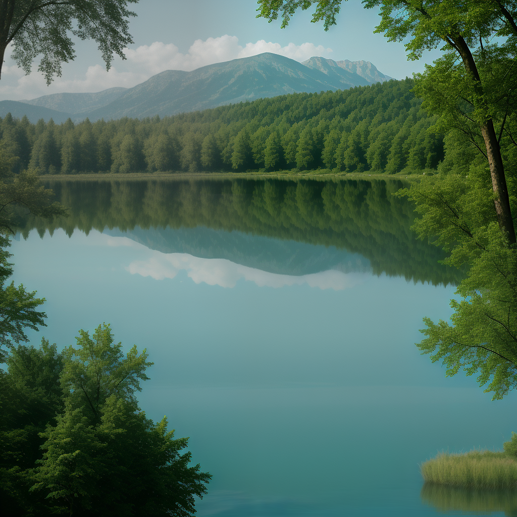 A Tranquil Lake Scene Surrounded by Lush Greenery and Majestic Mountains.