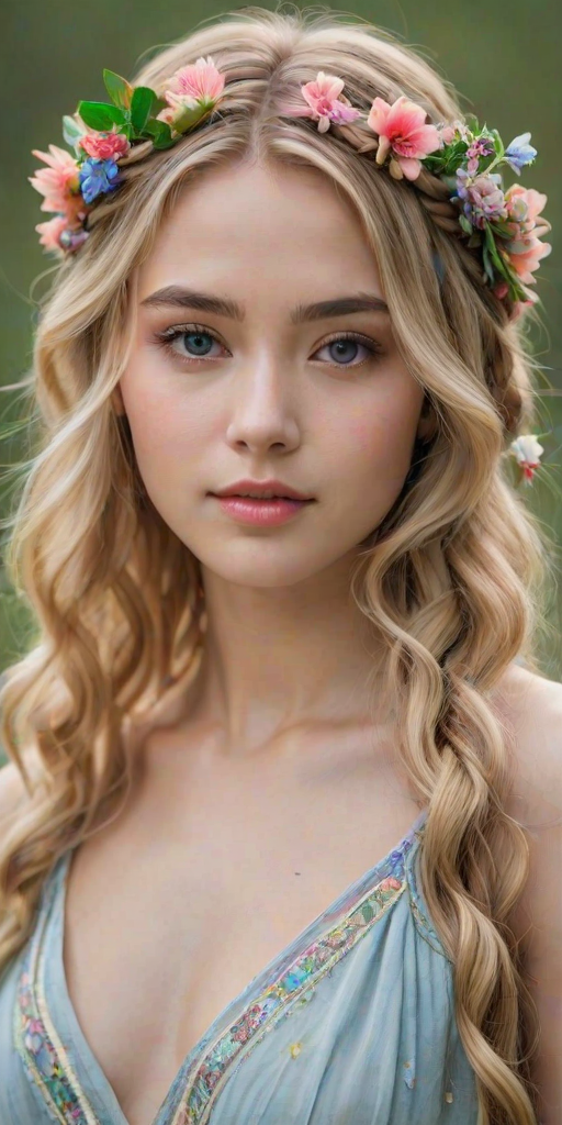 Create an image of a young Thai woman with long, wavy blonde hair, adorned with small, colorful flowers woven into her braids and loose strands. Her complexion is fair, with soft, glowing skin, and she has light blue eyes that gaze softly at the viewer. She wears a light, flowing dress with a gentle, ethereal quality, complementing her delicate and serene appearance. The background is slightly blurred, drawing focus to her tranquil expression and the intricate details of the flowers in her hair. The overall mood of the image is one of natural beauty and grace, evoking a sense of peacefulness and connection with nature.
