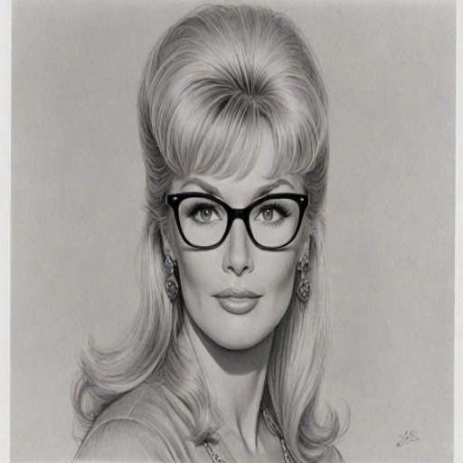 Enchanting Linda Evans, pencil sketch, portrait of Alluring woman 1956s in glasses, hair style beatnik, outline, clear lines, fine lines, 8k