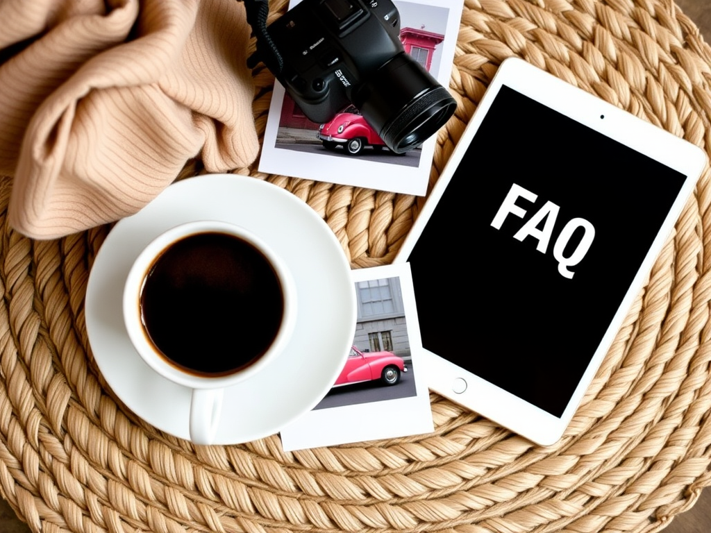 Create a cozy flat lay scene featuring a cup of black coffee on a white saucer, an iPad displaying the word FAQ in bold letters, a vintage pink car photograph, and a woven straw mat background, using a DSLR camera, aperture f/2.8, ISO 100, natural lighting, top-down view for enhanced detail and clarity.