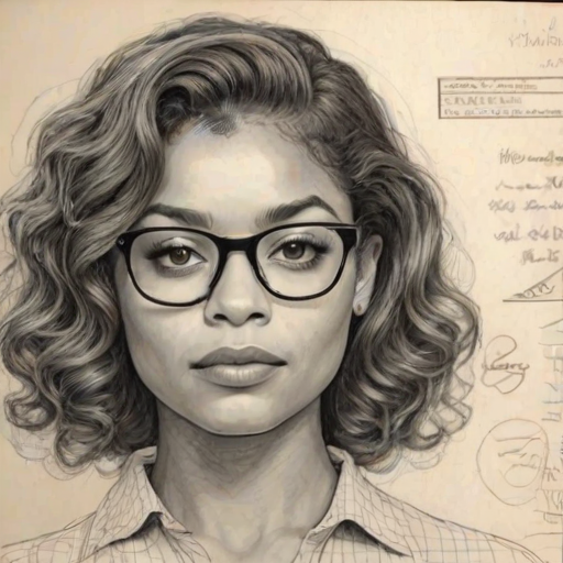 Delightful Antonia Thomas, pencil sketch, portrait of Charming woman 1952s in glasses, hair style beatnik, outline, clear lines, fine lines, 8k