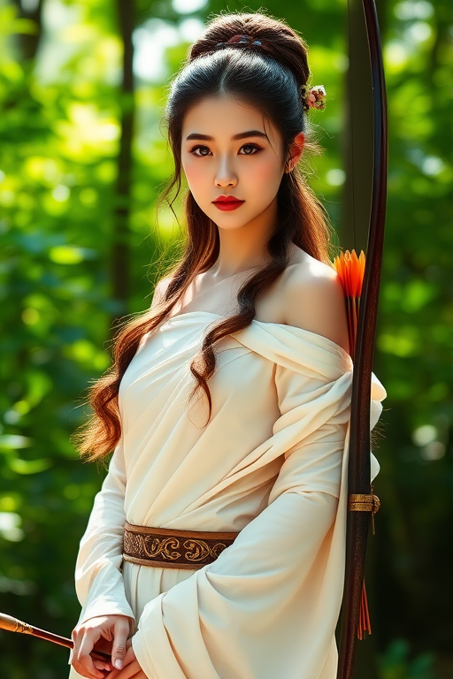 Create a portrait of a goddess-like Chinese girl figure in a tranquil, forested environment. She has an elegant appearance with long, wavy hair styled in an updo and adorned with a delicate, floral headband. She wears a flowing, ancient Greek-inspired gown in a soft, pale color, featuring a one-shoulder design and draped fabric that accentuates her graceful form. The outfit includes a decorative belt with ornate gold detailing, and she holds a bow in her hand, with a quiver of arrows slung over her shoulder. The background depicts lush greenery, with sunlight filtering through the trees, casting a gentle, ethereal light on the scene. Her expression is calm and contemplative, embodying a sense of wisdom and serenity.