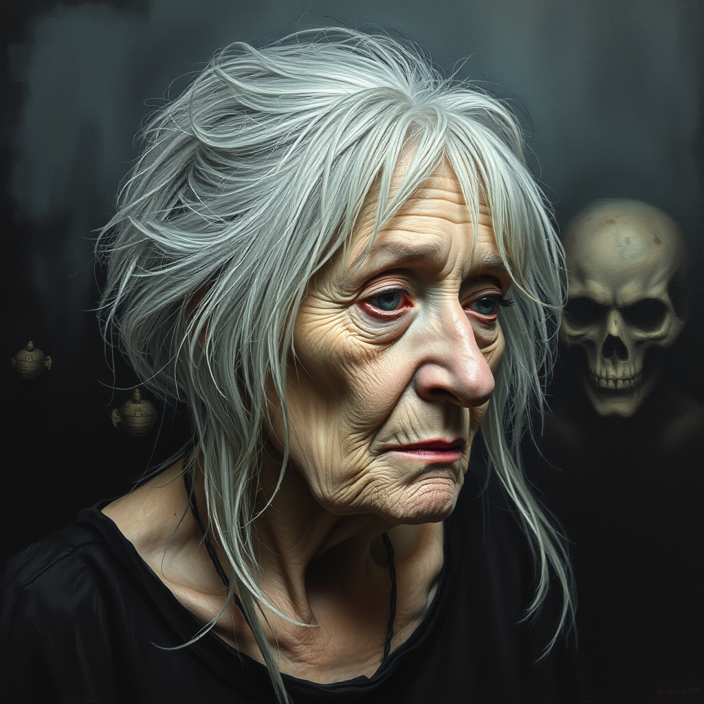 Final exit party. Dark Moody impasto dark picture edges. old woman. grey untidy hair streaked with white and pastel muted colours. include whole head and neck and shoulders. death lurks in the background.